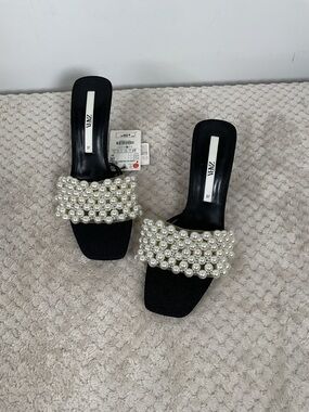 Zara Pearl Embellished Slip On Heels Size 6.5
